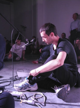 I Owe Money, Enrico Boccioletti reads Niina Pollari, voice, microphone, effects box, PA system, performance at Idioletta, O’, Milan, 2016